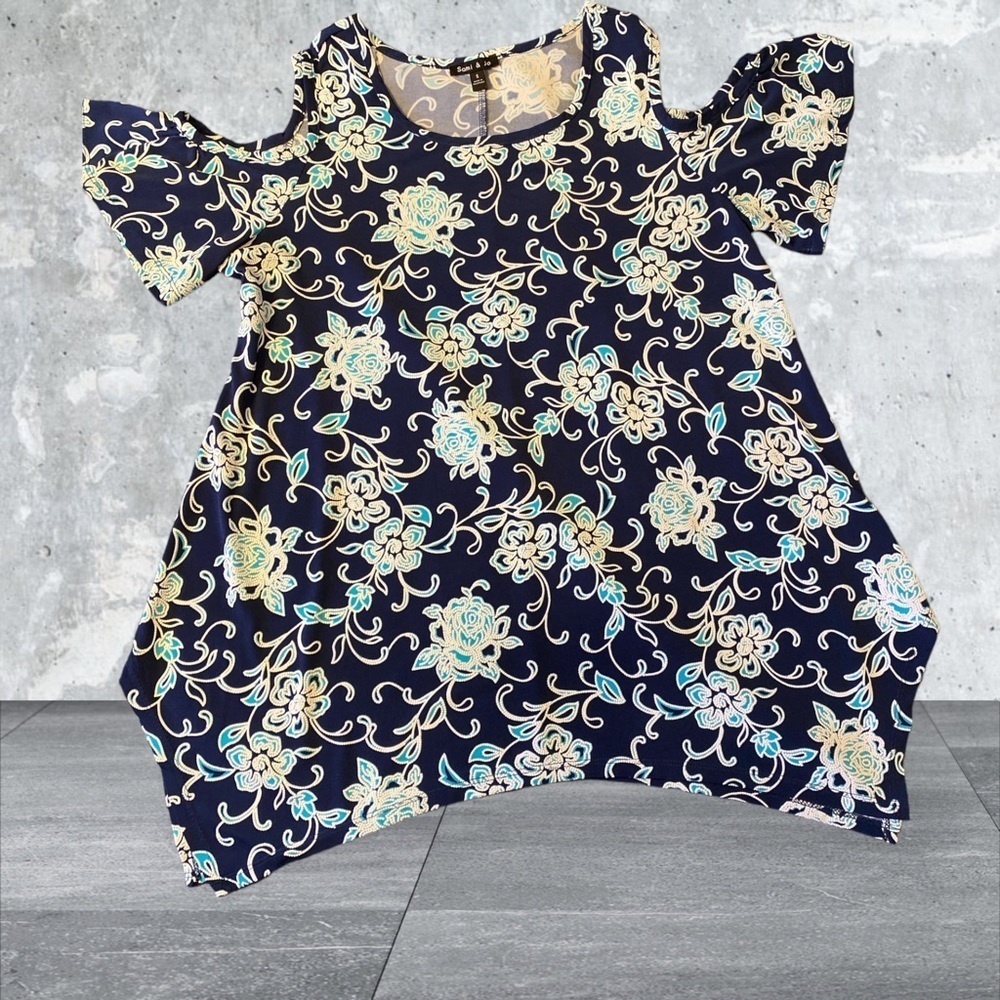 Sami & Jo cold shoulder knit, top navy teal floral 94% poly 6% spandex s…